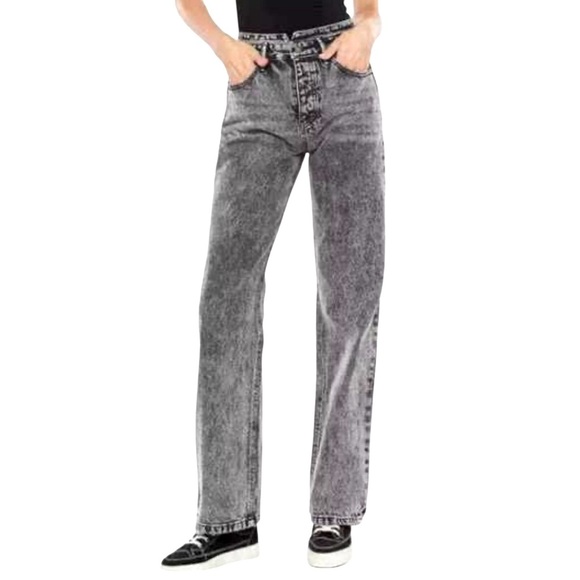 KANCAN Acid Washed Black High Rise Button Fly Wide Leg Cotton Denim Jeans - Picture 1 of 13